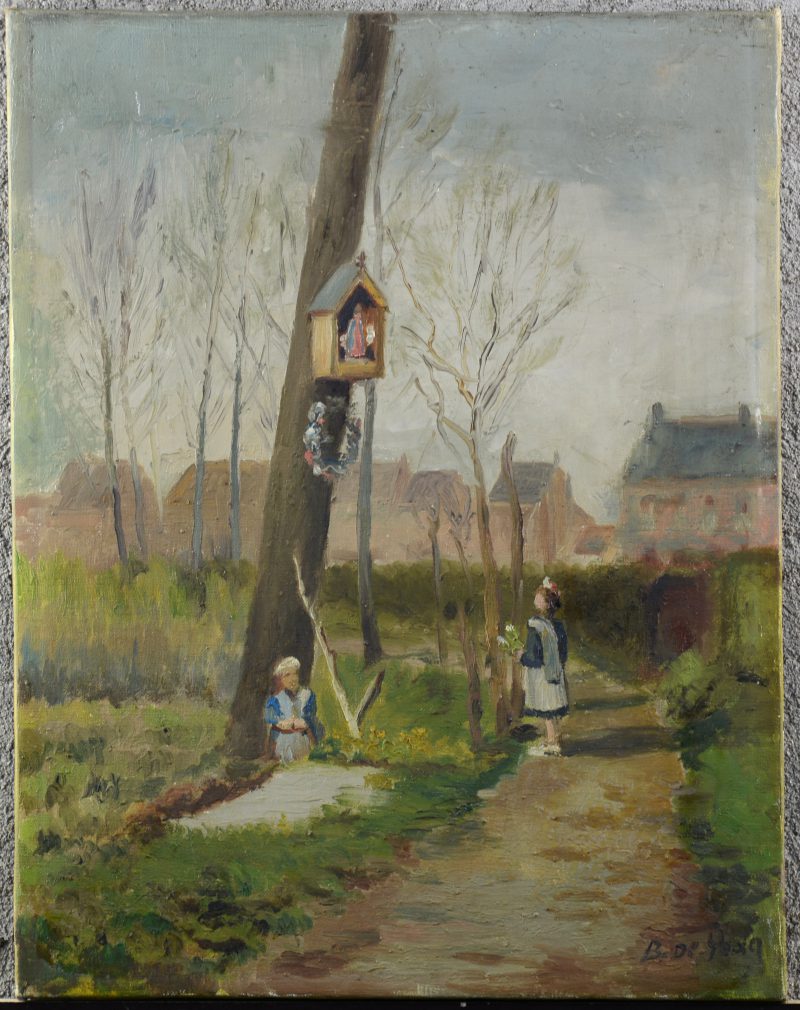 “Kinderen bij een boomkapelletje”. Olieverf op doek. Gesigneerd.
