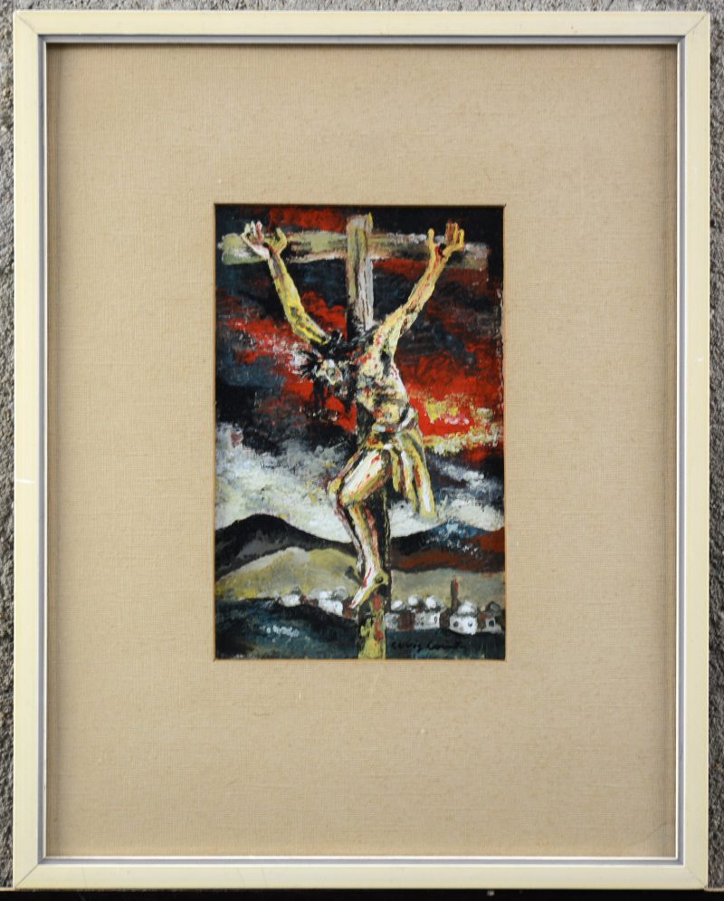 “Christus aan het kruis”. Olieverf op papier. Gesigneerd.