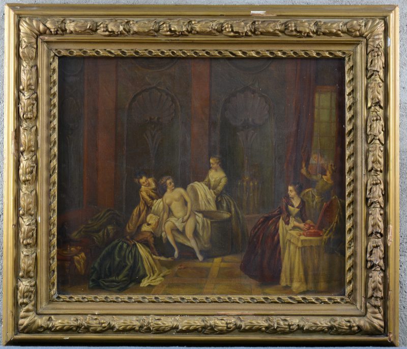 “Susanna in bad”. Olieverf op paneel. In vroeg XIXe eeuwse lijst.