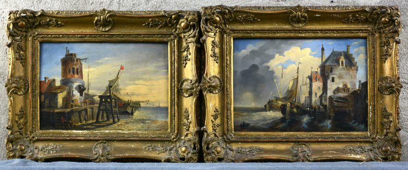 “Vissershaven”. Een paar olieverfschilderijtjes op paneel. Medio XIXe eeuw.
