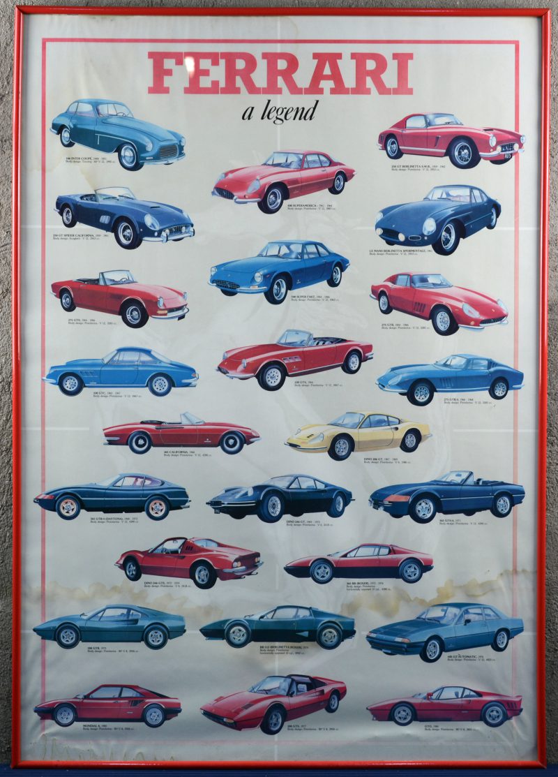 “ Ferrari, a legend”. Een poster uit 1980. Waterschade.