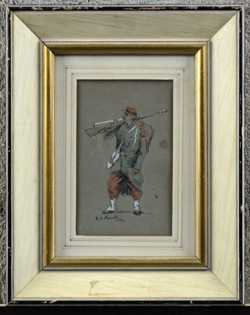 “Infanterist”. Aquarel en inkt op papier. Gesigneerd en gedateerd 1843.