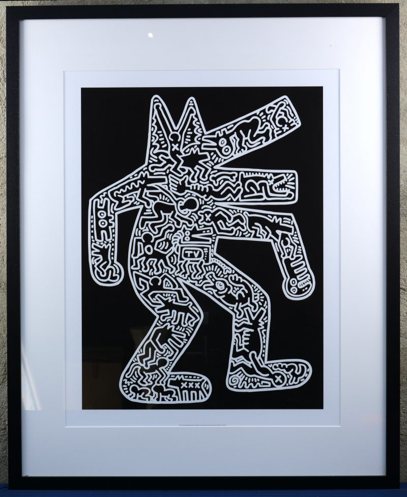 “Dog”. Een zeefdruk naar een werk van Keith Haring uit 1985. Onder licentie uitgegeven bij Artestar in New York. Genummerd 108/ 160.
