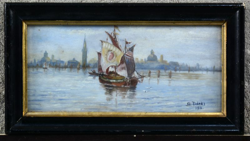 “Schepen voor de haven van Venetië”. Olieverf op board. Gesigneerd en gedateerd 1911.