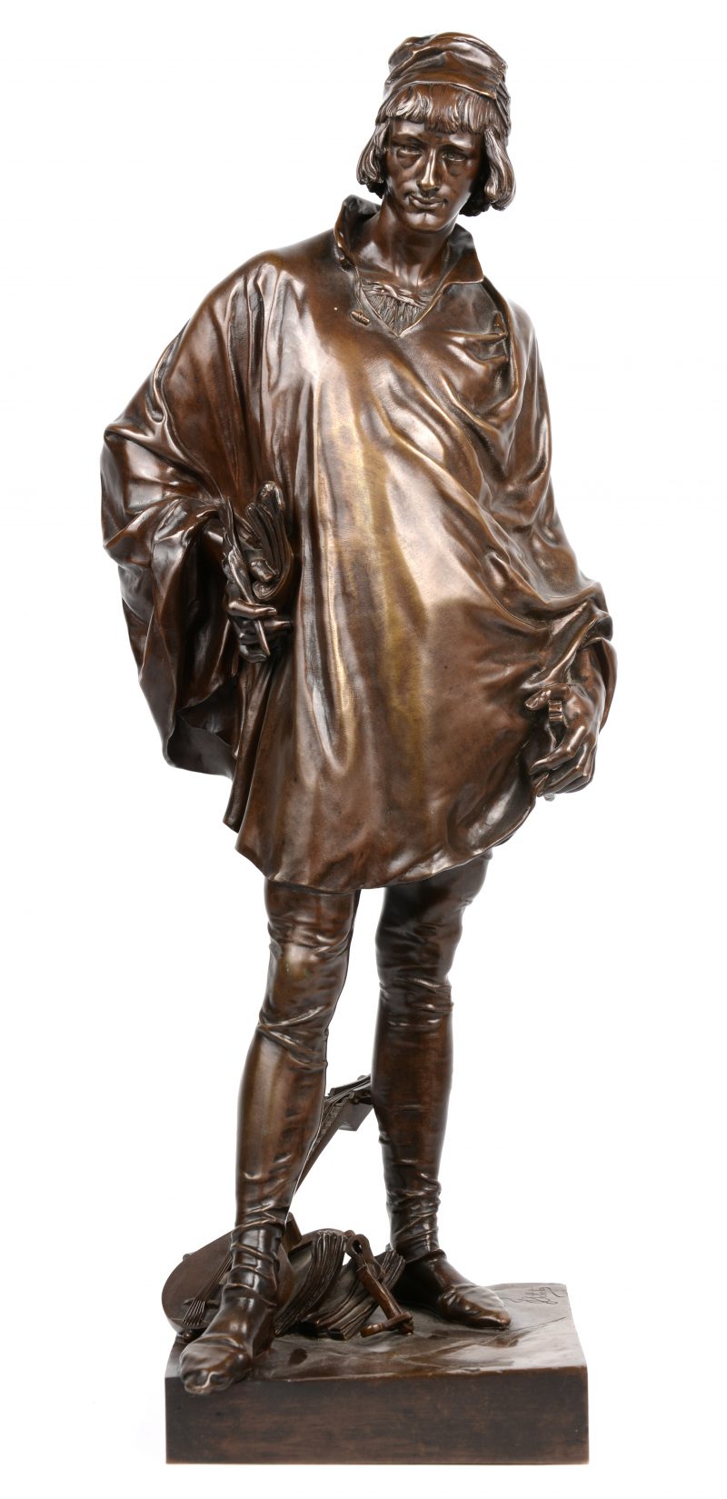 “François Villon, de minnestreel”. Een gepatineerd bronzen beeld. Gesigneerd en met gieterijmerk van Thiébault Frères, Paris.