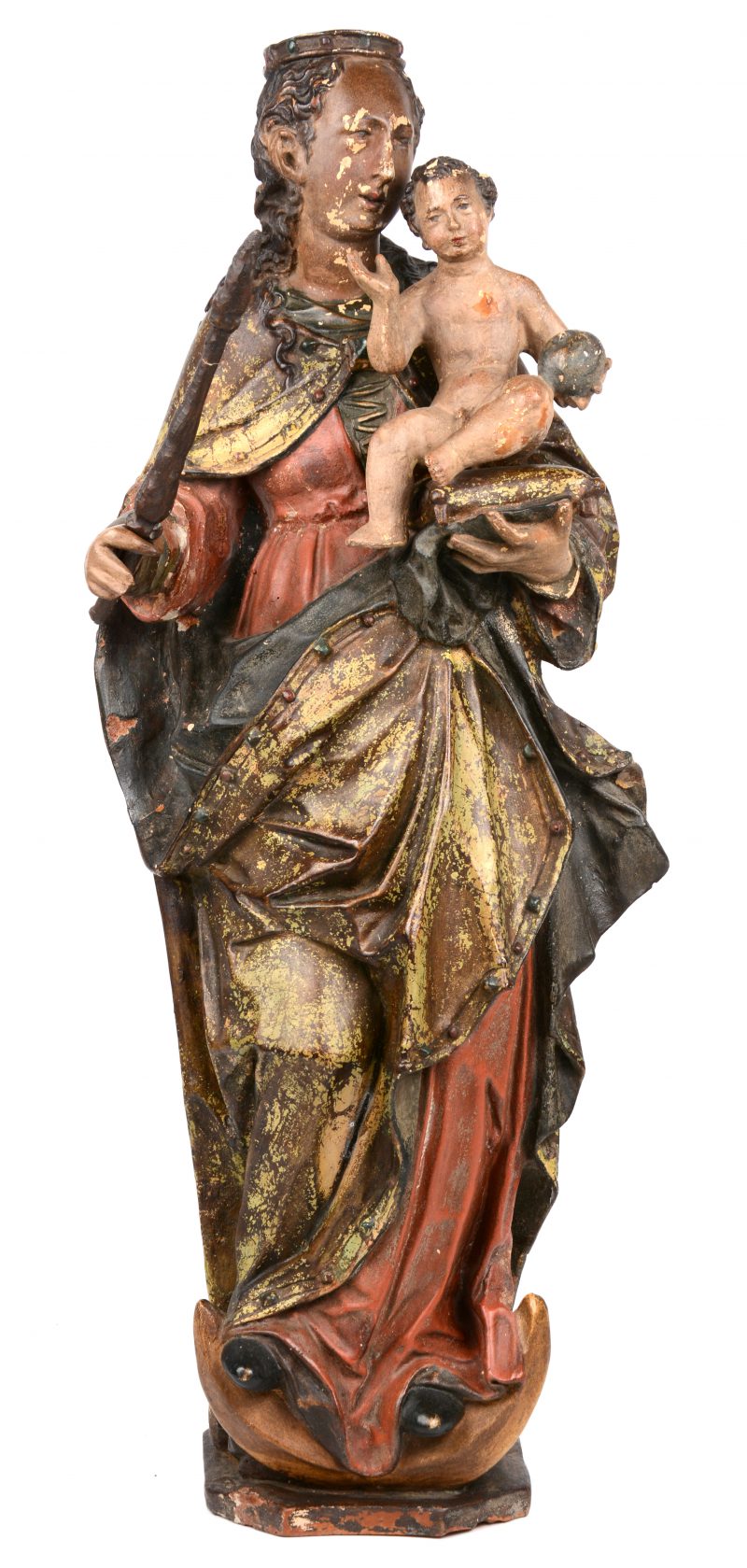 Een polychrome neo-gothische Madonna met Kind. Met productiestempel. Einde XIXde eeuw. Losse Jezus (met wereldbol) en scepter.