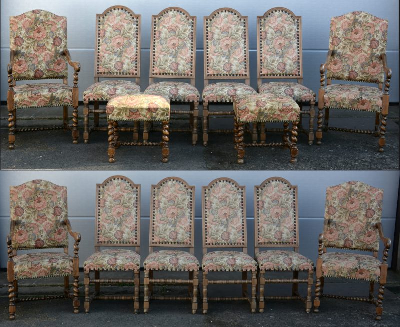 Een serie stoelen in Renaissancestijl, bekleed met tapisserie. Acht stoelen, vier armstoelen en twee bankjes.