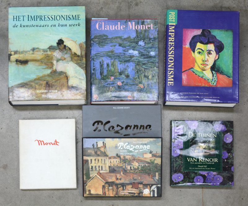 Een lot van zes kunstboeken:- “Het impressionisme - De kunstenaars en hun werk”. Bernard Denvir. Ed. Zuid Boekproducties. Lisse, 1992. (NL)- “Claude Monet”. Charles F. Stuckey. Ed. Könemann. Keulen, 1985. (ENG)- “Monet”. Yvon Taillandier. Ed. Bonfini Press. Bergamo, 1987. (ENG)- “De tuinen van Renoir”. Derek Fell. Ed. J.H. Gottmer. Haarlem, 1992. (NL)-  “Post-impressionisme”. Thomas Parsons & Iain Gale. Ed. Zuid Boekproducties. Lisse, 1993. (NL)- “P. Cezanne - In Paris and Ile-de-France”. Denis Coutagne. Ed. Crès. Marseille, 2001. (ENG)