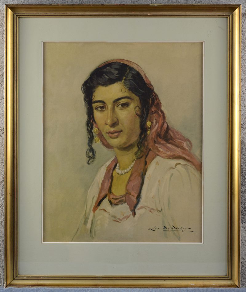 “Portret van een zigeunervrouw”. Een reproductie naar een werk van Luc De Decker (1907 - 1982).