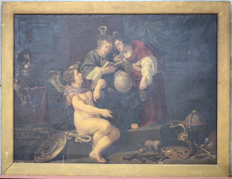 “Allegorie op de wetenschap en de kunsten”. Olieverf op doek. Hollandse school, XVIIe eeuw. Gerestaureerd en herdoekt.