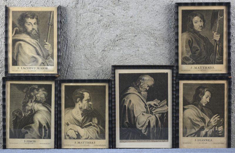 Een reeks van zes antieke gravures met beeltenissen van apostelen. Naar Antoon Van Dyck