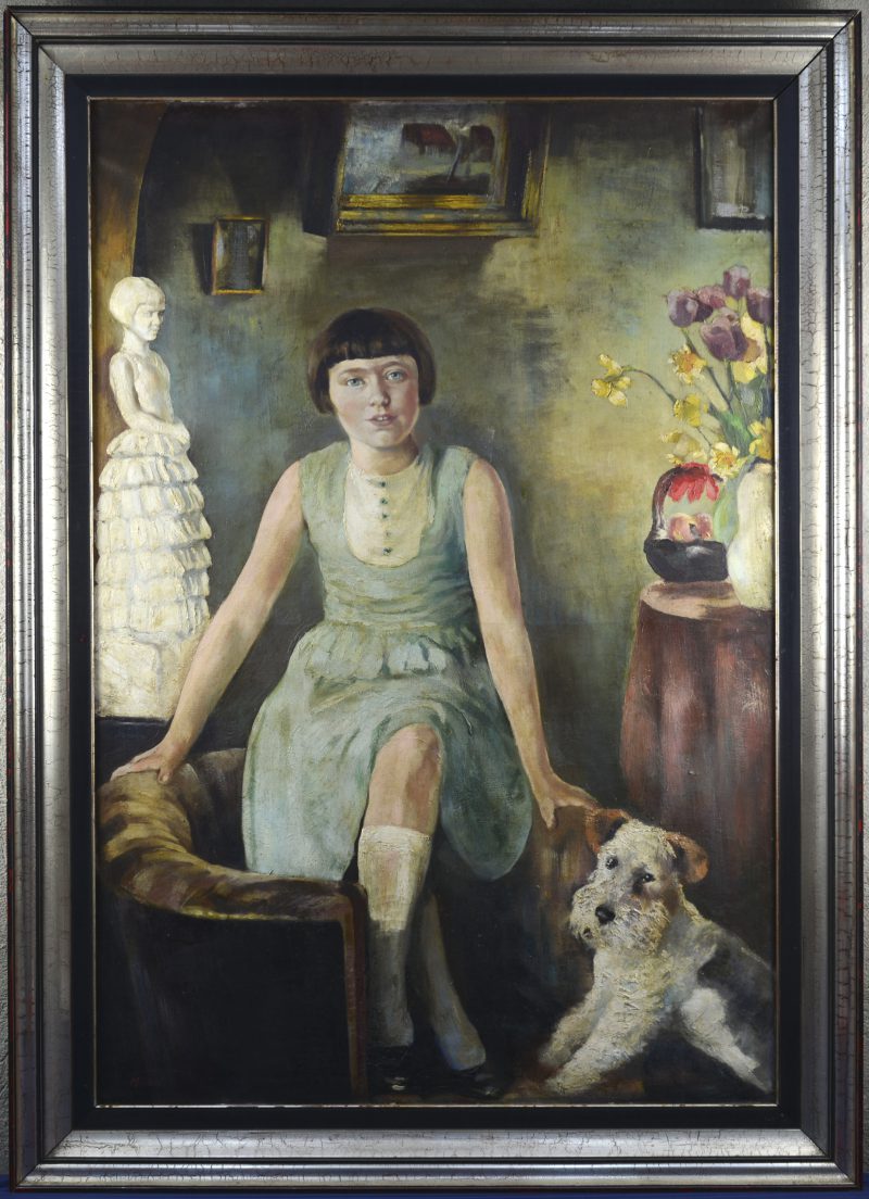 “Portret van een meisje met hond”. Olieverf op doek. Gesigneerd.