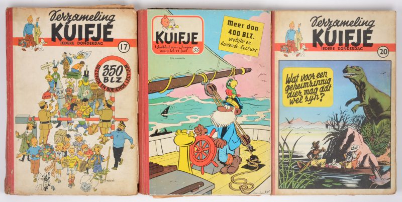 Drie albums met ingebonden nummers van Kuifje. Albums 17 (vanaf december 1951), 20 en 33. Sletig.