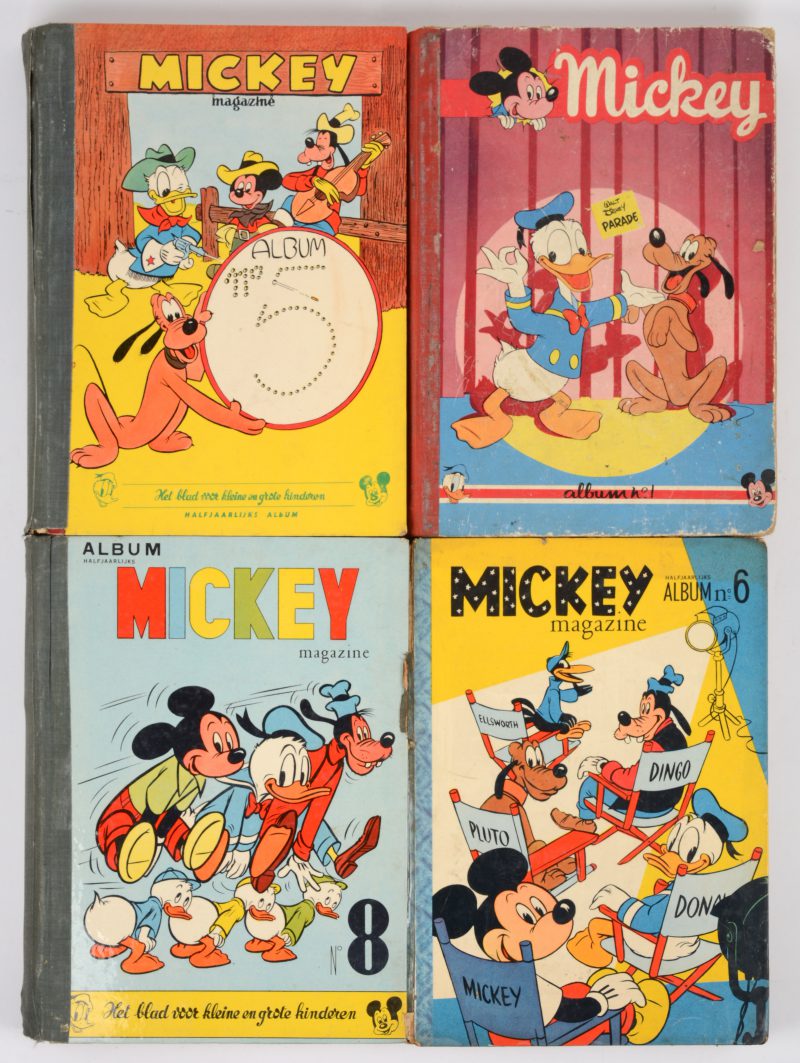 Vier albums met ingebonden nummers van Mickey. Albums 1 (vanaf oktober 1950), 5, 6 en 8. Sletig.