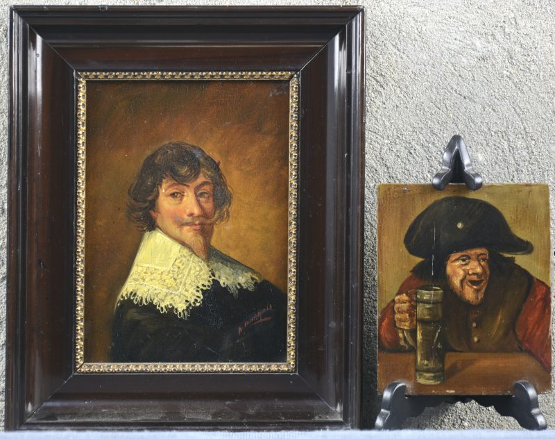 Twee schilderijtjes, olieverf op paneel. Eén naar Frans Hals en één naar Adriaen Brouwer.