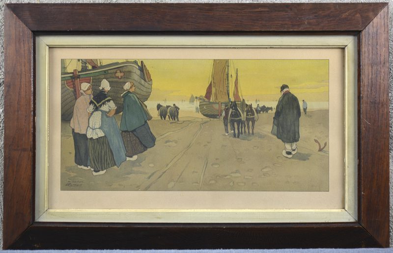 “Vissersvolk op het strand bij Katwijk”. Een reproductie naar een werk van Henri Cassiers.