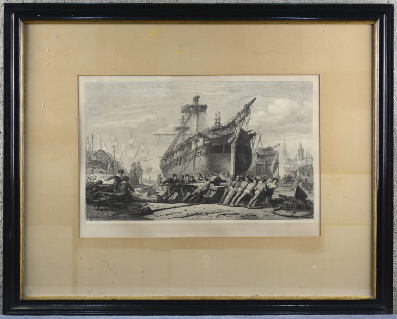 “Les chantiers d’Anvers sous Napoleon I, 1804”. Een gravure naar een werk van Hendrik Schaefels door Michiels.