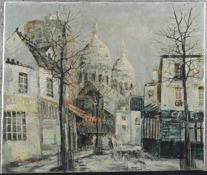 “Straatzicht nabij Montmartre”. Schilderij op doek. Gesigneerd en gedateerd 1979 op de verso.