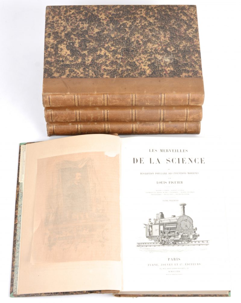 Louis Figuier. “Les Merveilles de la Science”. 4 delen. Ed. Furne, Jouvet & Cie, Paris, 1867-1870. In-4°, mooie staat. Talrijke afbeeldingen in de tekst.