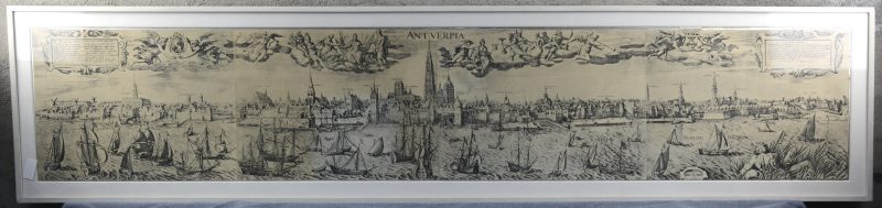 Een reproductie van een oude gravure met zicht op de rede van Antwerpen.