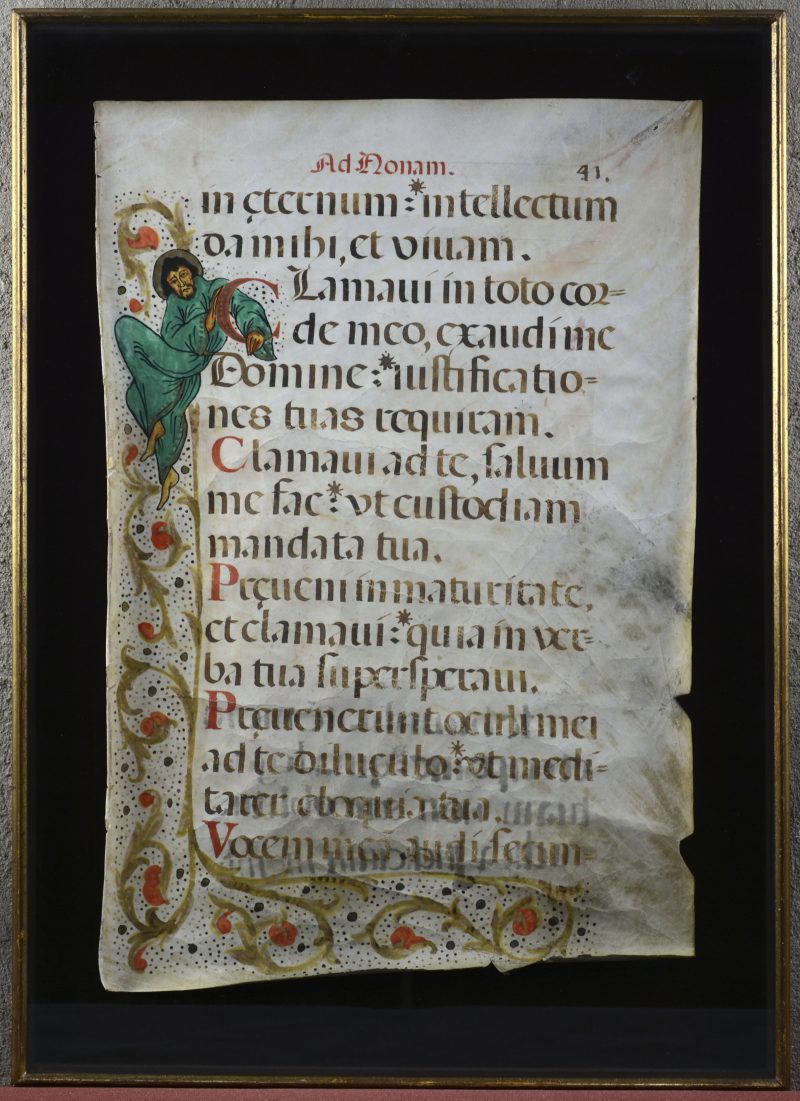 Een handgeschilderd bijbelvers op perkament. Mogelijk XVIIIe eeuw.