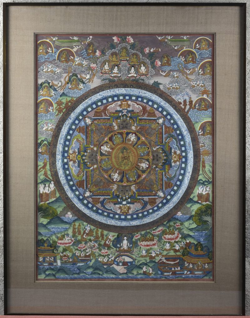 Een handgeschilderde Tibetaanse thangka op zijde.