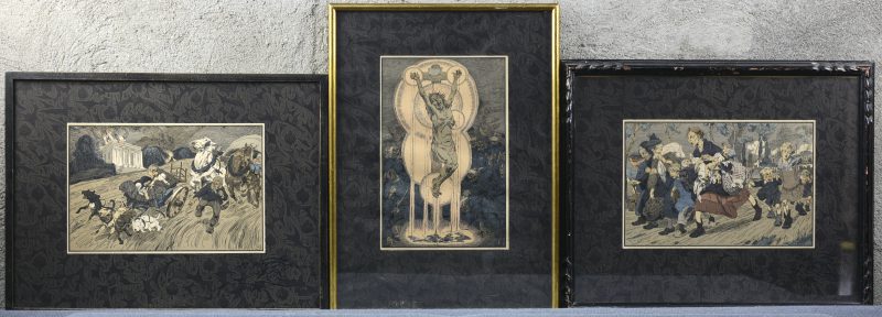 “Vluchten”; “Waarheen?” & Christus aan het kruis”. Drie litho’s, gedrukt bij Kotting te Amsterdam. Door de kunstenaar gesigneerd buiten de plaat.