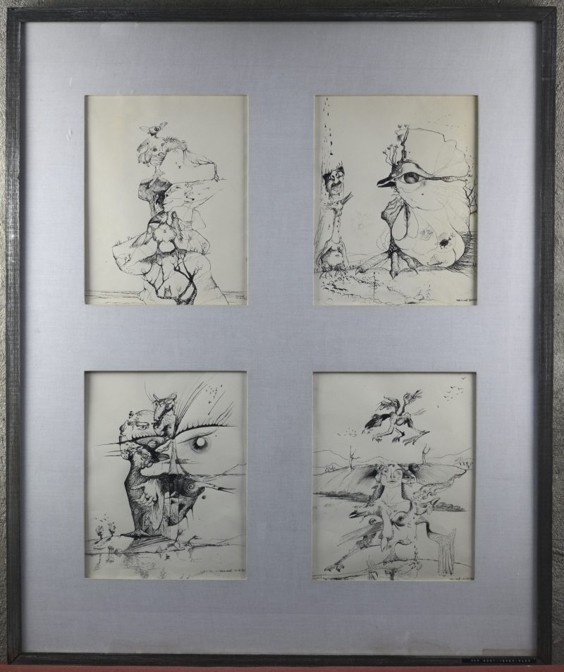 “Surrealistische voorstellingen”. Vier inkttekningen op papier. Alle vier gesigneerd en gedateerd 1970.