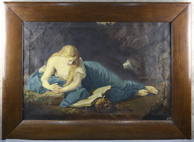 “De boetvaardige Maria Magdalena” Olieverf op doek. Kopie naar het werk van Pompeo Batoni. Gesigneerd.