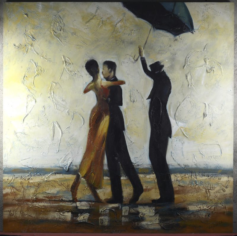 “Dansend koppel onder paraplu”. Olieverf op doek. Gesigneerd.