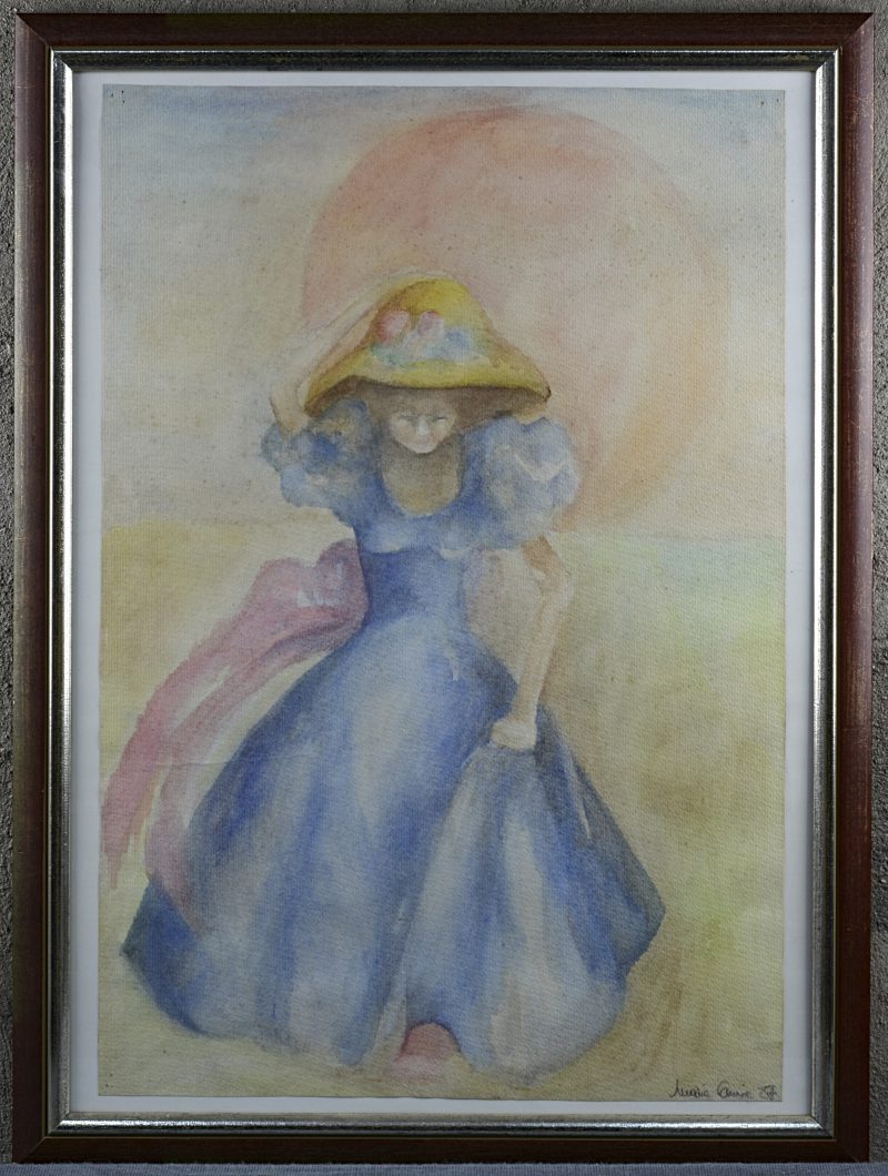 “Bloemenmeisje”. Een aquarel op papier. Gesigneerd.