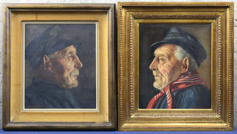 Een paar portretten van Kempense boeren. Olieverf op doek. Gesigneerd en gedateerd 1953.