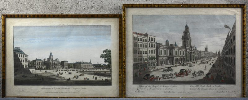 Twee ingekleurde XIXe eeuwse gravures met zichten de Koninklijke beurs en St. James’s Park te Londen.