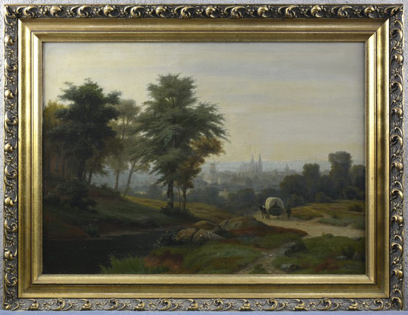 “Paardenkar in romantisch landschap”. Olieverf op gemaroufleerd doek. XIXe eeuw. Gesigneerd.