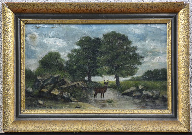“Hert in de natuur”. Olieverf op paneel. Gesigneerd en gedateerd 1888.