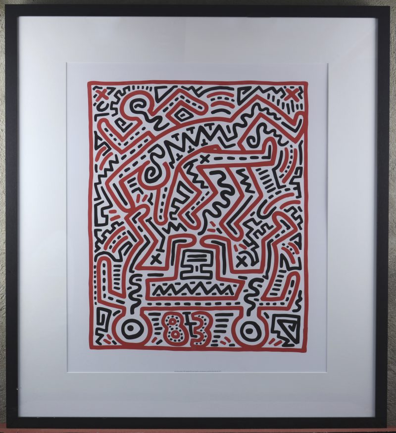 “Fun Gallery exhibition”. Een zeefdruk naar een werk van Keith Haring uit 1983. Onder licentie uitgegeven bij Artestar in New York.