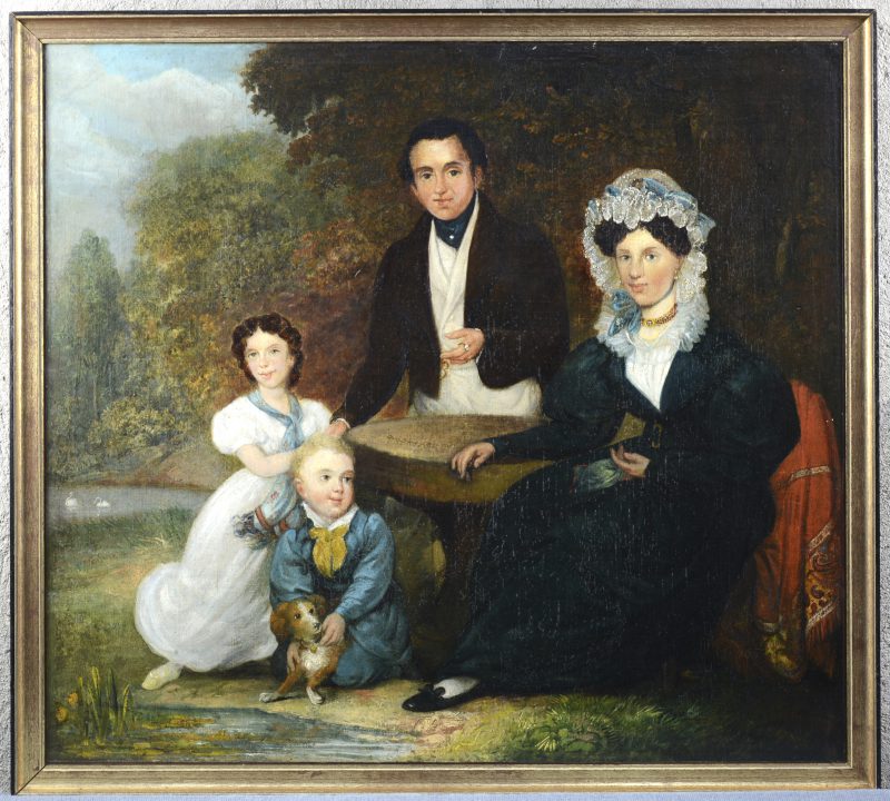 “Familieportret in een park”. Olieverf op doek. Gesigneerd en gedateerd 1851.