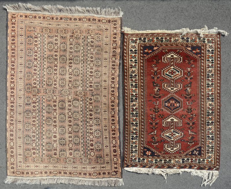Twee handgeknoopte wollen tapijtjes, waarbij een Beloutch en een Pakistaans.