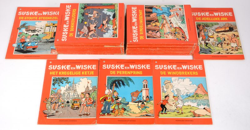 “Suske en Wiske”. 37 albums uit de gekleurde rode reeks. Tussen album 136 (De Bokkerijders, 1980) en album 181 (De Perenprins, 1980). Ed. Standaard UItgeverij. Goede staat, lichte slijtage aan enkele.