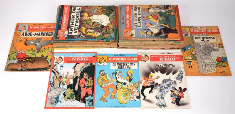 “De Avonturen van Nero & Co”. 39 albums. Ongekleurde exemplaren (33), oude uitgaven eind jaren 50, begin 60) in zeer gelezen staat. Vierkleurige exemplaren, (6) jaren 60 tot 90, goede staat. Ed. Het Volk, Standaard UItgeverij en Scriptoria.