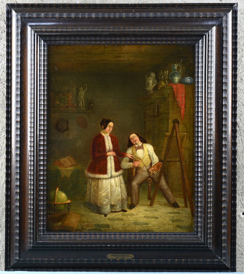 “De schilder in zijn atelier”. Olieverf op mahoniehouten paneel. Gesigneerd en gedateerd 1852 (?).