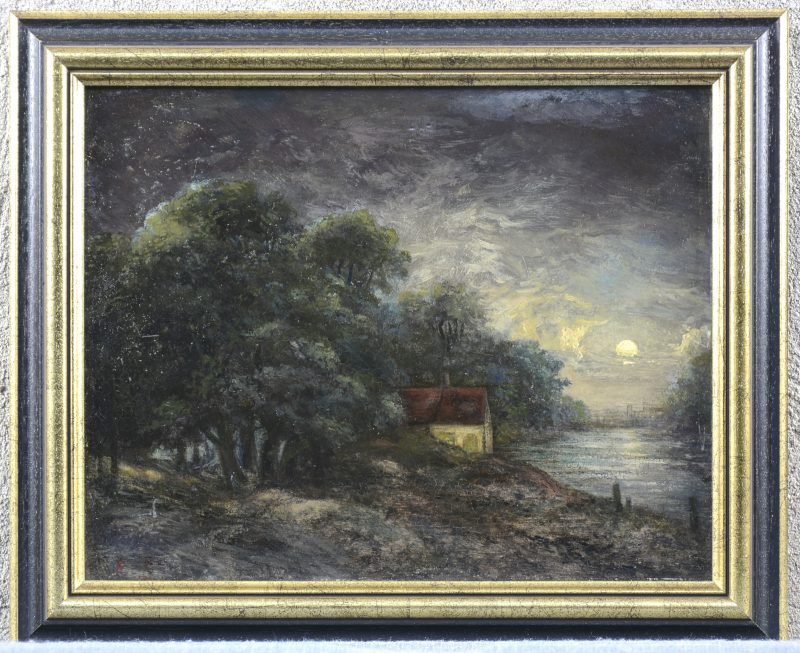 “Huisje bij een stroom bij nacht”. Olieverf op paneel. Onduidelijk gesigneerd en gedateerd. XIXe eeuw.