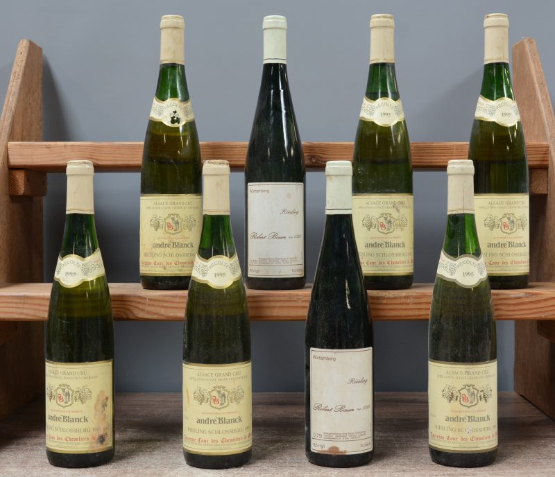 Lot witte wijn         aantal: 8 Bt.    Andre Blanck  A.C. Alsace Grand Cru   M.P.  1995  aantal: 6 Bt.    Robert Bauer Q. Württemberg     1996  aantal: 2 Bt.