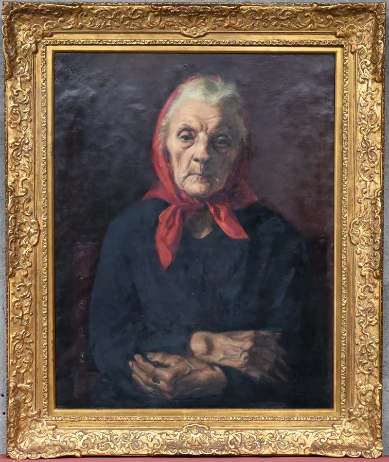“Portret van een vrouw met rode hoofddoek”. Olieverf op doek. Gesigneerd.