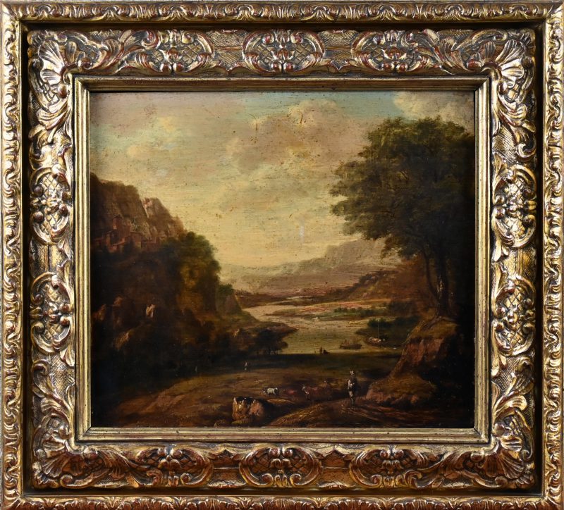 “Panoramisch rivierlandschap”. Olieverf op paneel. XVIIIde eeuw.