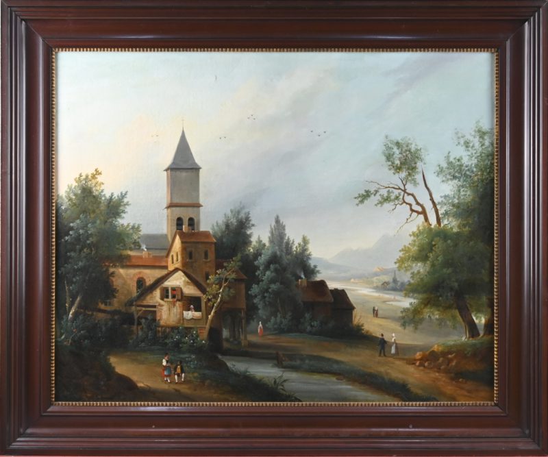 “Romantisch dorpszicht”. Olieverf op doek. Enkele restauraties. XIXe eeuw.