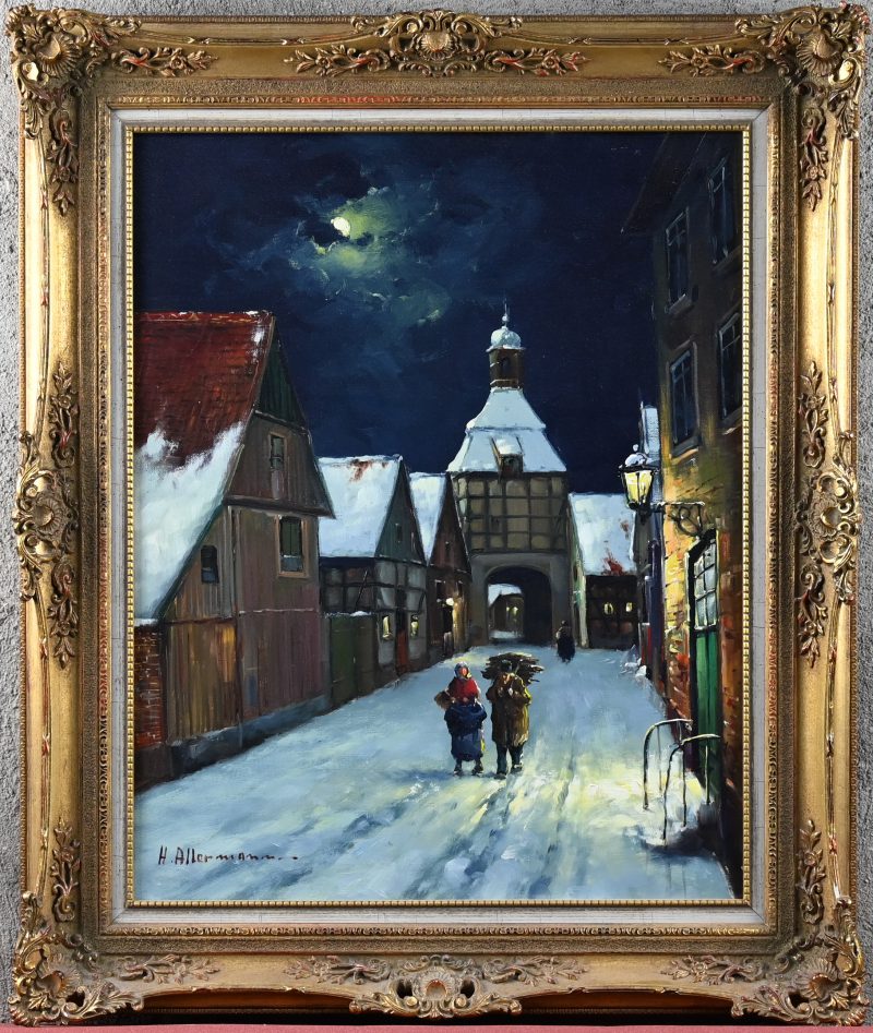 “Houtsprokkelaars in een winters dorp bij nacht.