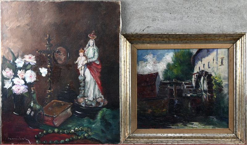 “Stilleven met bloemen religieuze symbolen” en “Watermolen”. Twee olieverfschilderijen, een op doek en een op paneel. Gesigneerd. Een gedateerd 1940.