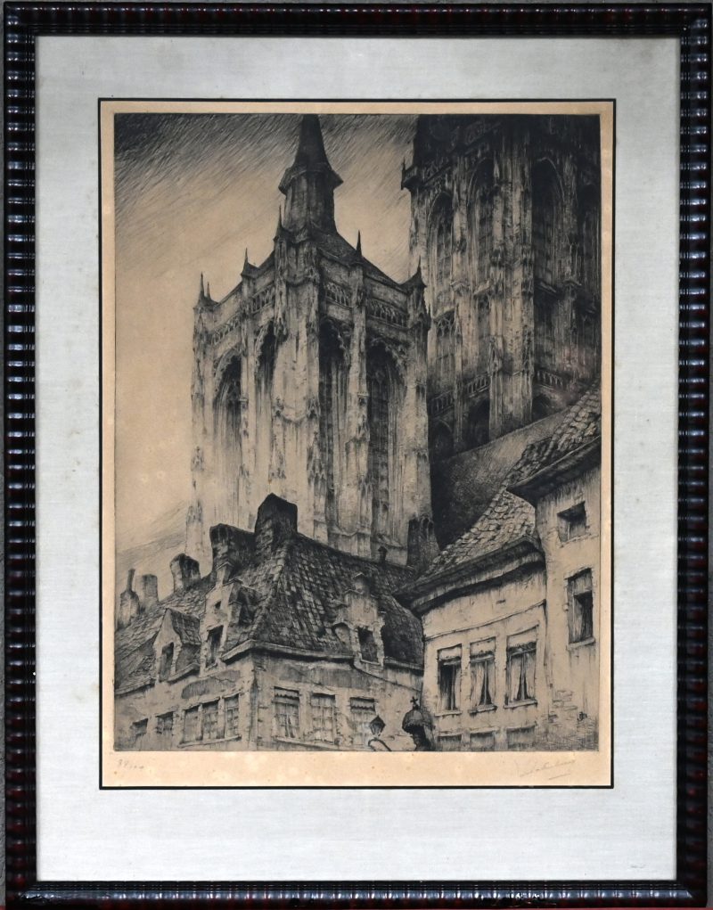 “Kathedraal van Antwerpen”. Een ets. Gesigneerd en genummerd 84/100.