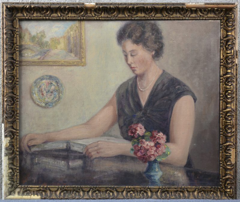 “Lezende dame”. Olieverf op doek. Toegeschreven aan Leopold Muller (Antwerpen 1879 - 1961). Zonder signatuur.